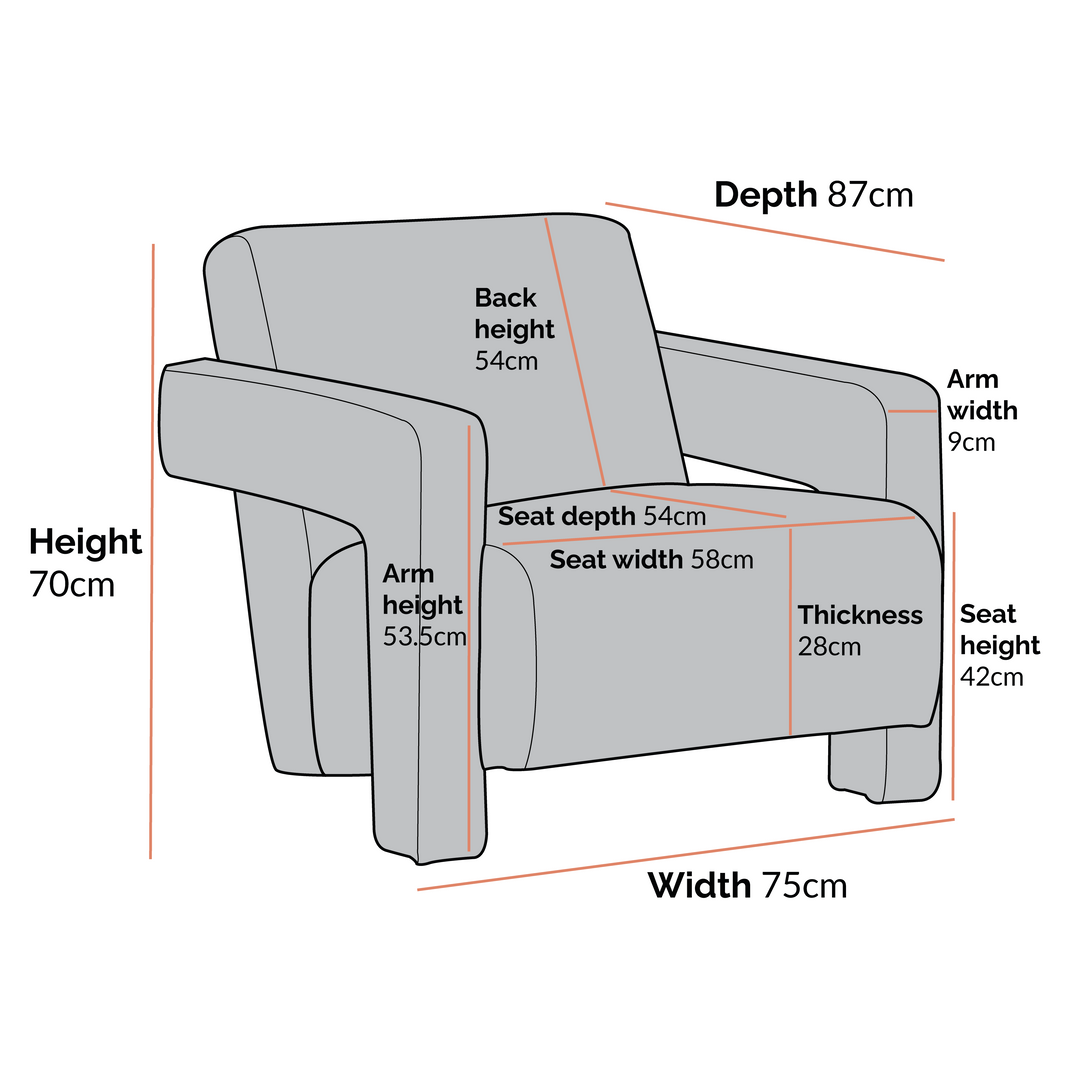Gray armchair with dimensions labeled on a white background