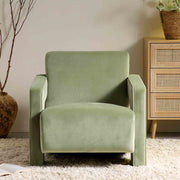 Green armchair in a room with a wooden cabinet and decorative plant.