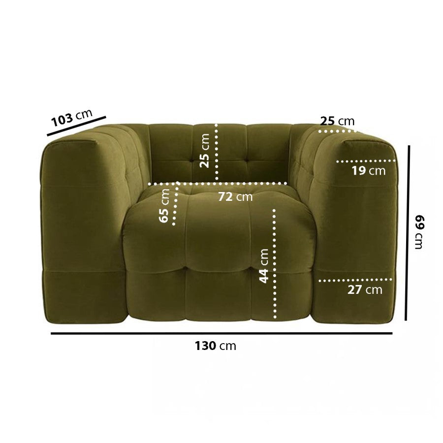 green color single seater sofa with its measurements placed in a living room