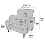 Load image into Gallery viewer, Gray armchair with dimensions labeled on a white background
