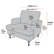 Gray armchair with dimensions labeled on a white background