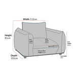 Load image into Gallery viewer, Gray armchair with dimensions labeled on a white background
