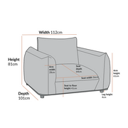 Gray armchair with dimensions labeled on a white background