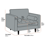 Load image into Gallery viewer, Gray armchair with dimensions labeled on a white background
