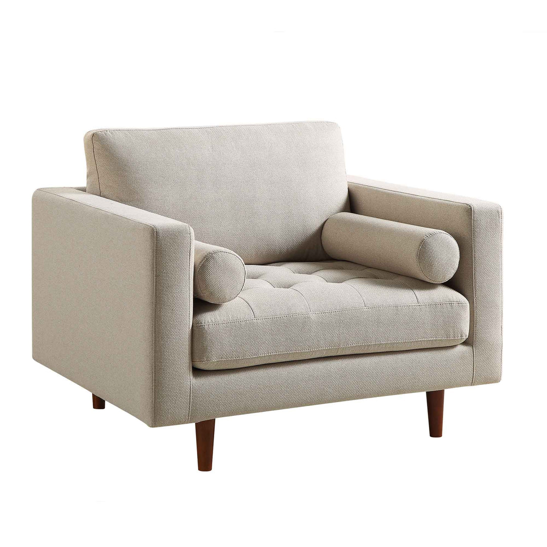 Beige armchair with tufted backrest and wooden legs on a white background