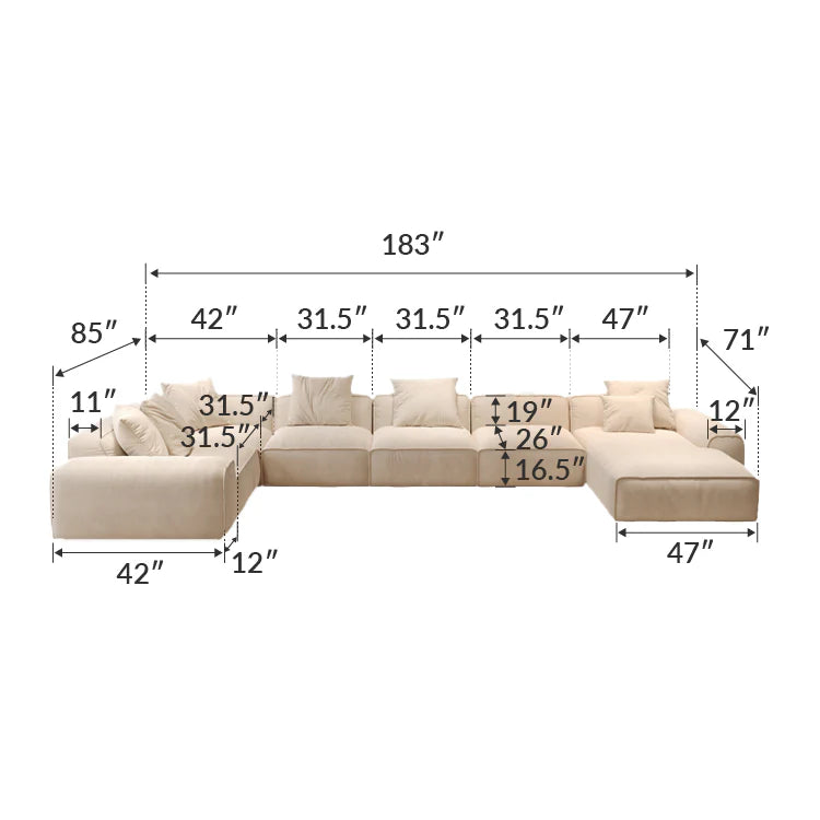Beige sectional sofa with dimensions labeled on a white background