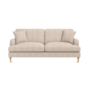 Beige sofa with gold legs on a white background