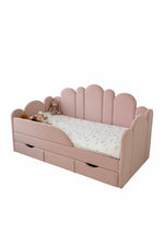 Load image into Gallery viewer, Pink children&#39;s bed with scalloped headboard and storage drawers on a white background
