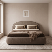 Corvella upholstered bed in taupe-brown fabric, front view