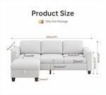 Load image into Gallery viewer, Gray sectional sofa with dimensions labeled on a white background
