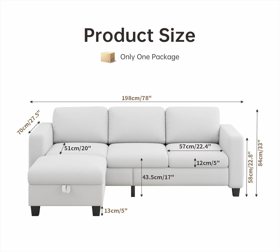 Gray sectional sofa with dimensions labeled on a white background