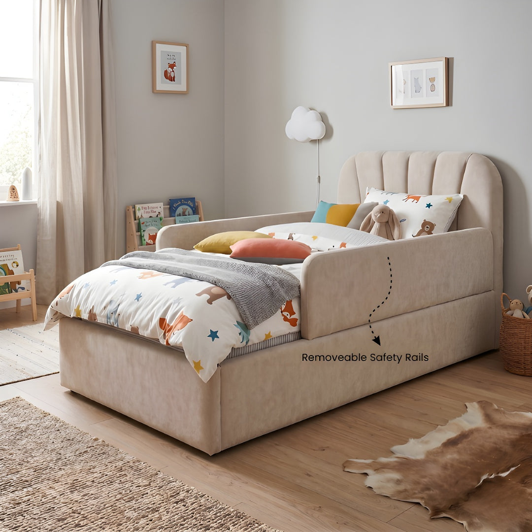 CuddleCurve Upholstered Kids Bed with Removable Safety Rails