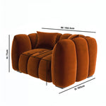 Load image into Gallery viewer, brown shaded single seater sofa with its measurements placed in a living room
