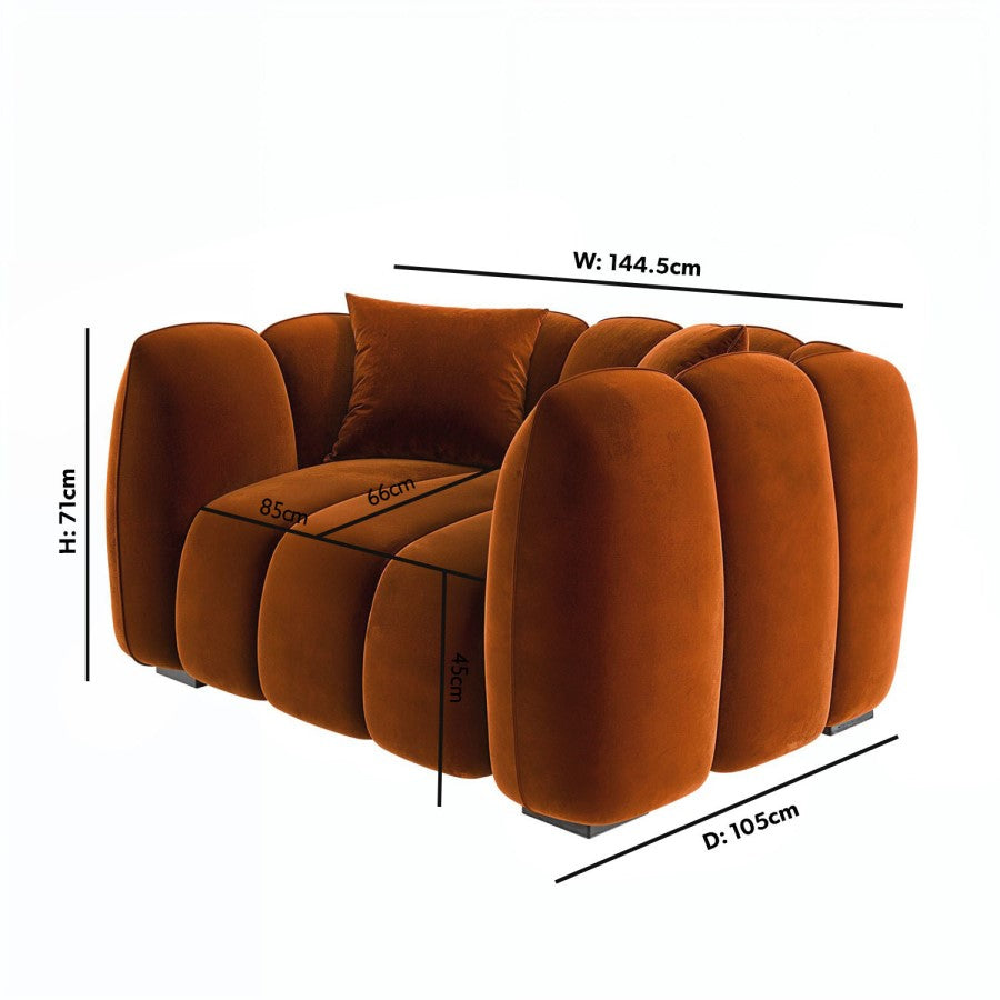 brown shaded single seater sofa with its measurements placed in a living room