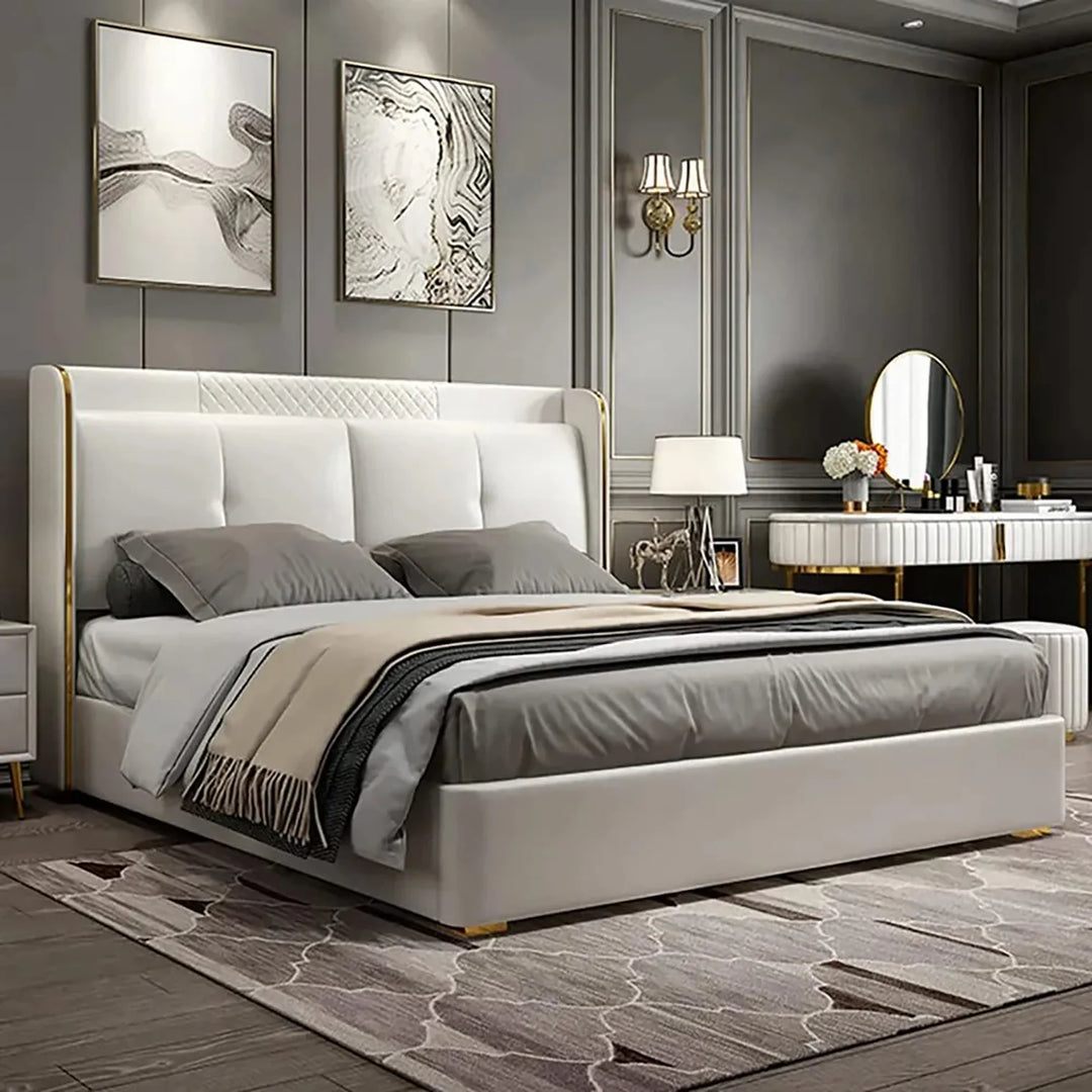 Modern bedroom with a white bed and gray walls