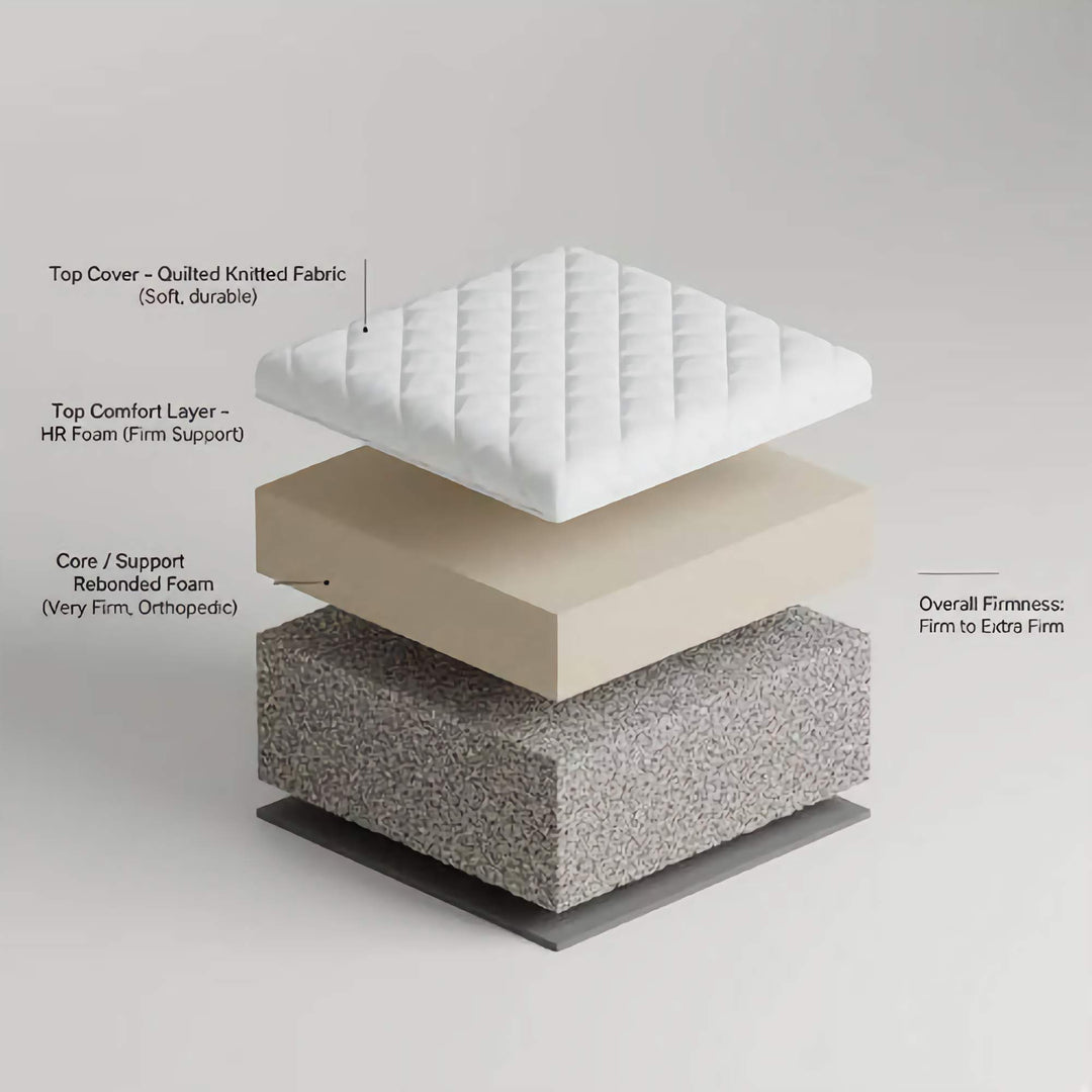 Layered foam mattress structure with labeled components on a gray background