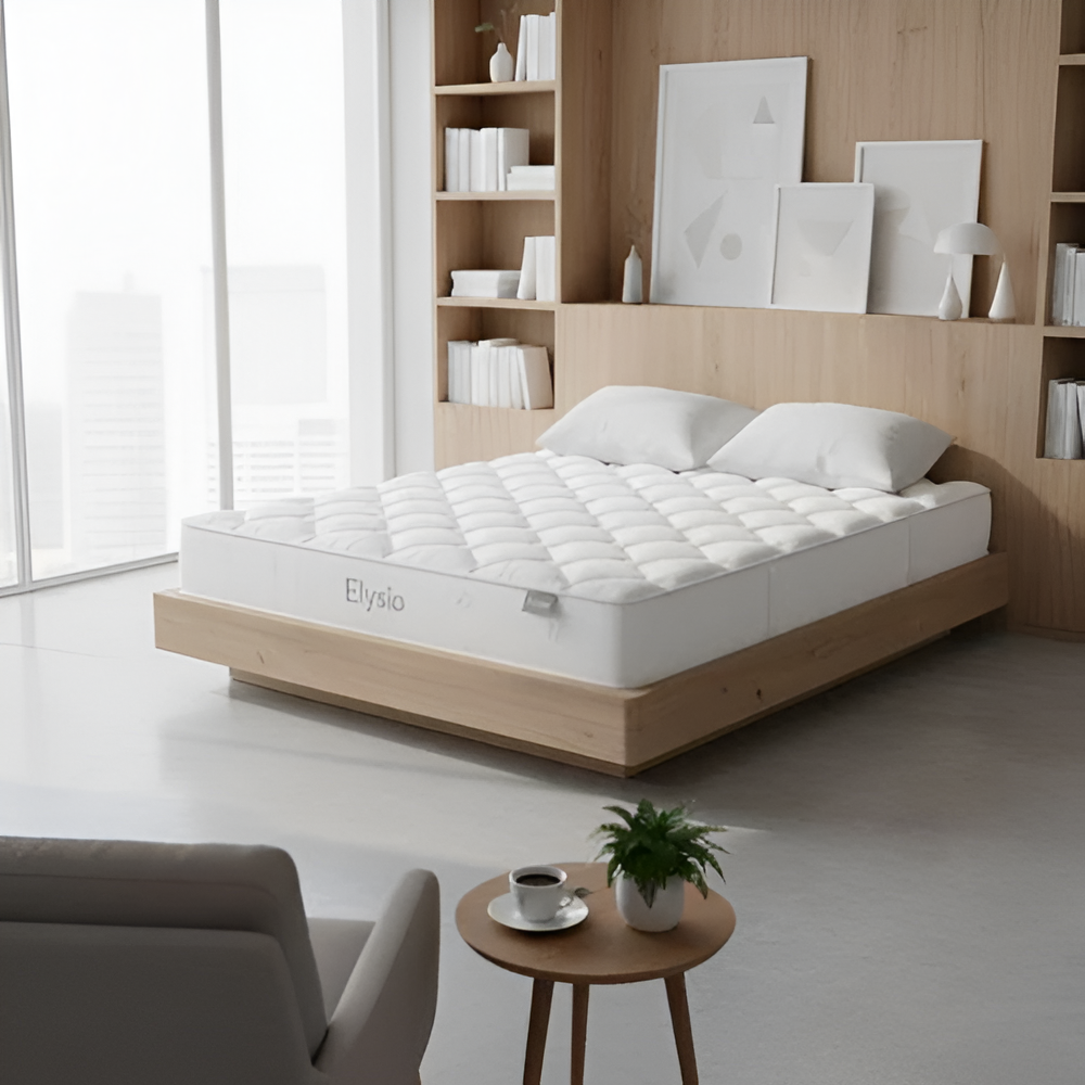 White mattress on a wooden bed frame in a modern bedroom with bookshelves and decor.