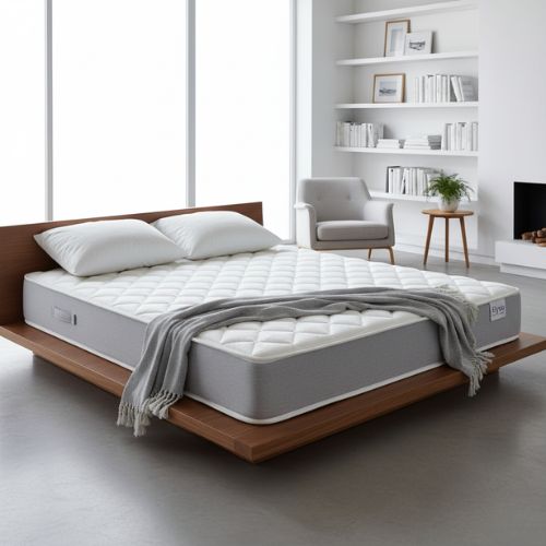 Gray mattress on a wooden bed frame in a modern bedroom setting.