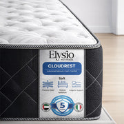 Elysio mattress with branding and features displayed on a white background