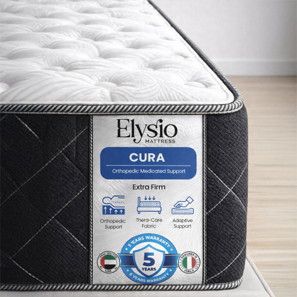 Elysio Mattress Cura with branding and features on a wooden floor.
