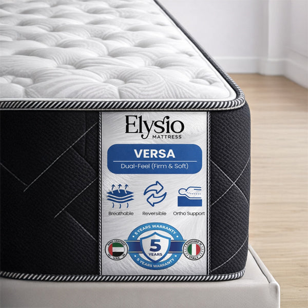 Elysio Versa mattress with branding and features displayed