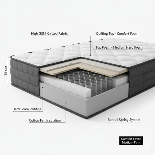 Detailed cross-section of a mattress with labeled components on a white background