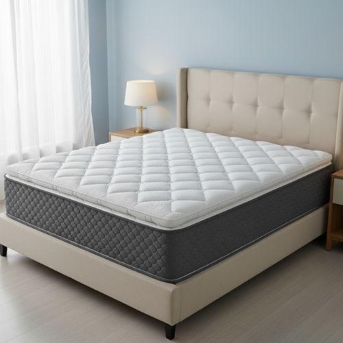 Mattress with quilted cover on a bed in a bedroom setting
