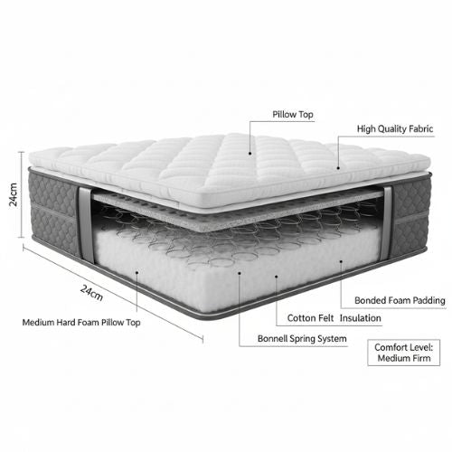 Diagram of a mattress with labeled layers and specifications on a white background