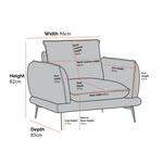 Load image into Gallery viewer, Gray sofa with dimensions labeled on a white background
