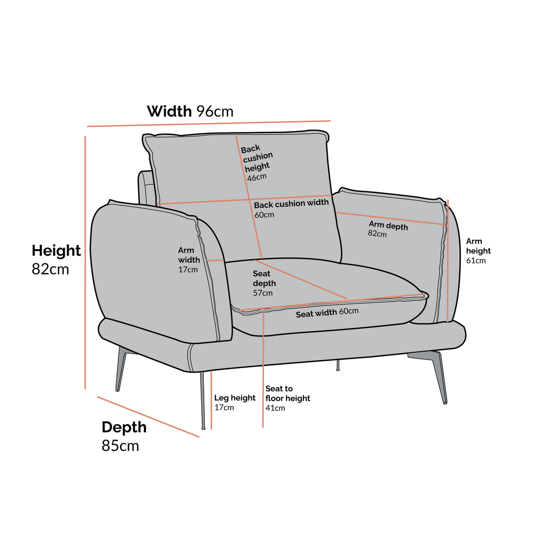 Gray sofa with dimensions labeled on a white background