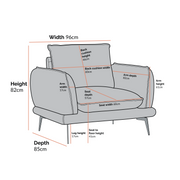 Gray sofa with dimensions labeled on a white background