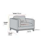 Load image into Gallery viewer, Gray armchair with dimensions labeled on a white background
