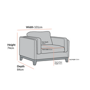 Gray armchair with dimensions labeled on a white background