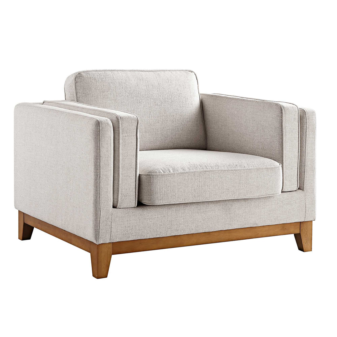 Gray armchair with wooden legs on a white background