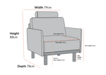 Load image into Gallery viewer, Gray armchair with dimensions labeled on a white background
