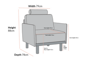 Gray armchair with dimensions labeled on a white background