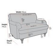 Gray armchair with dimensions labeled on a white background