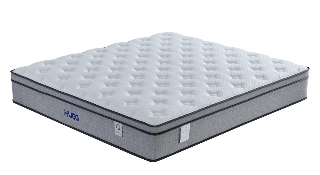 Gray mattress with 'Hugo' branding on a white background