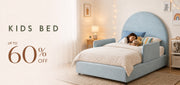 Children's bed with promotional text for a discount in a bedroom setting