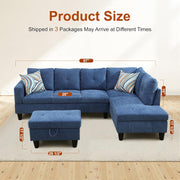 Blue sectional sofa with ottoman and measurements on a beige background