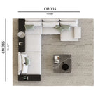 Load image into Gallery viewer, Top-down view of a modern living room layout with furniture and dimensions.
