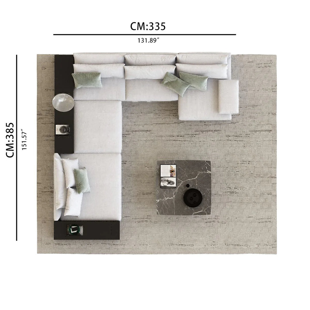 Top-down view of a modern living room layout with furniture and dimensions.