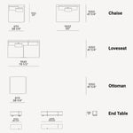Load image into Gallery viewer, Technical drawing of furniture including a chaise, loveseat, ottoman, and end table with dimensions.
