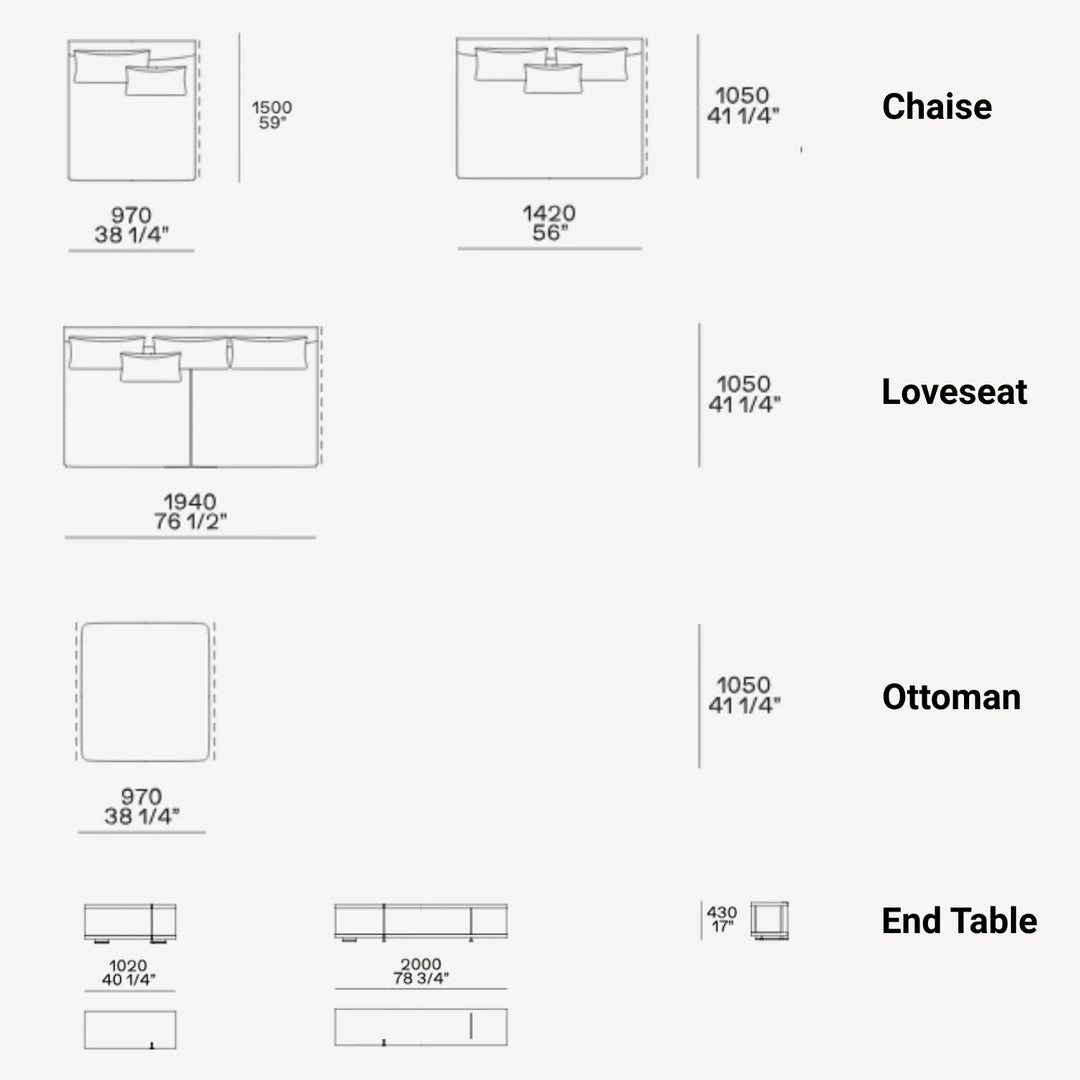Technical drawing of furniture including a chaise, loveseat, ottoman, and end table with dimensions.