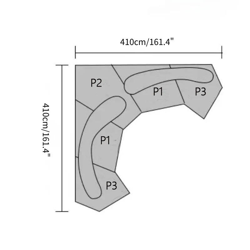 Diagram of a curved surface with labeled sections P1, P2, and P3, and dimensions indicated.