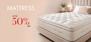 Mattress on a bed with promotional text for a discount offer.