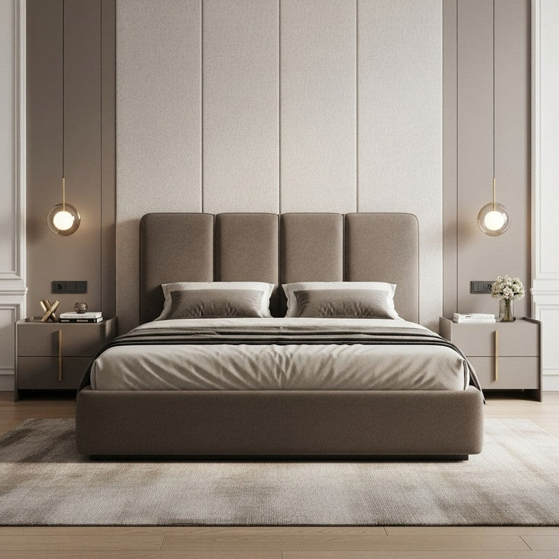 Modern bedroom with a large bed, nightstands, and wall lights.