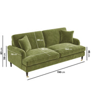 Size char t of Olive Green Velvet 3 Seater Sofa sofa by DunePine - premium handmade upholstery available in UAE