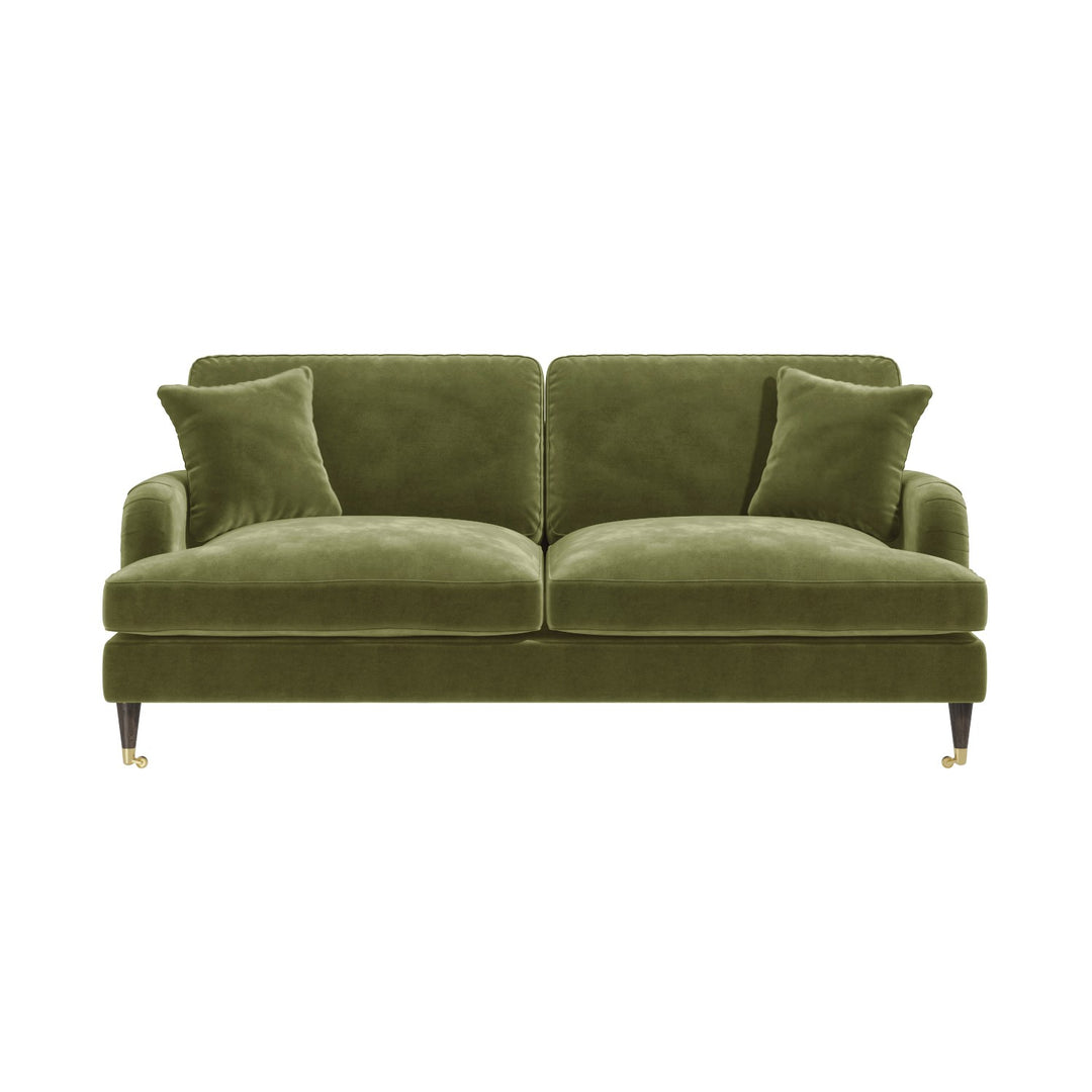 Front view of Olive Green Velvet 3 Seater Sofa sofa by DunePine - premium handmade upholstery available in UAE.