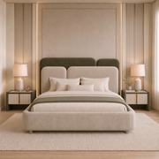 A modern upholstered bed centered in a symmetrical, warm-toned bedroom. The bed frame and headboard are upholstered in a soft beige fabric with a contrasting dark olive green accent on the top panel and bedding trim.